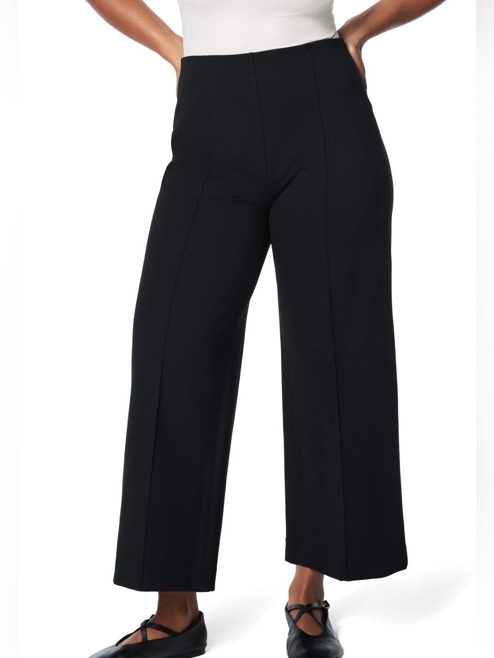 *Hemmed* SPANX The Perfect Pull-On Crop Wide Leg Ponte Pants In Black - XL